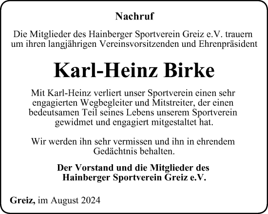 Traueranzeige von Karl-Heinz Birke von Ostthüringer Zeitung