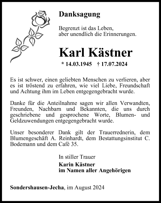 Traueranzeige von Karl Kästner von Thüringer Allgemeine