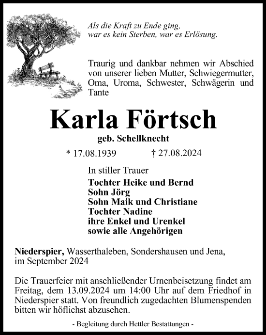 Traueranzeige von Karla Förtsch von Thüringer Allgemeine