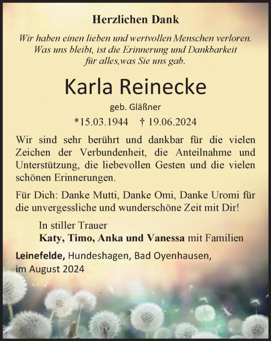 Traueranzeige von Karla Reinecke von Thüringer Allgemeine