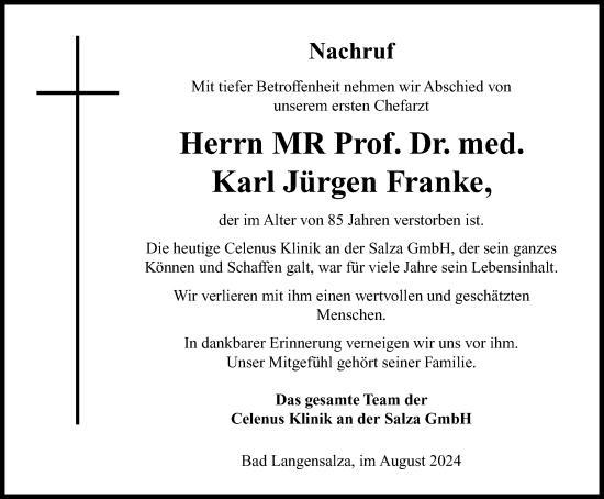Traueranzeige von Karl Jürgen Franke von Thüringer Allgemeine, Thüringische Landeszeitung