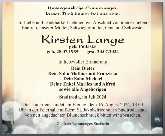 Traueranzeige von Kirsten Lange von Ostthüringer Zeitung