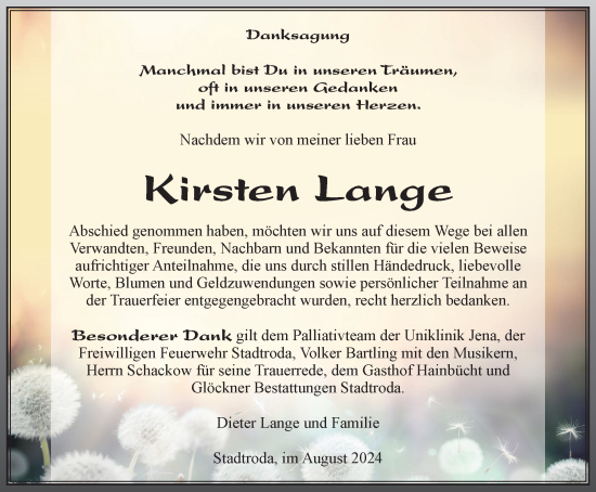 Traueranzeige von Kirsten Lange von Ostthüringer Zeitung