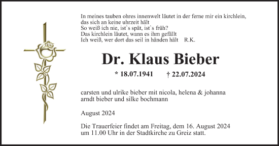 Traueranzeige von Klaus Bieber von Ostthüringer Zeitung