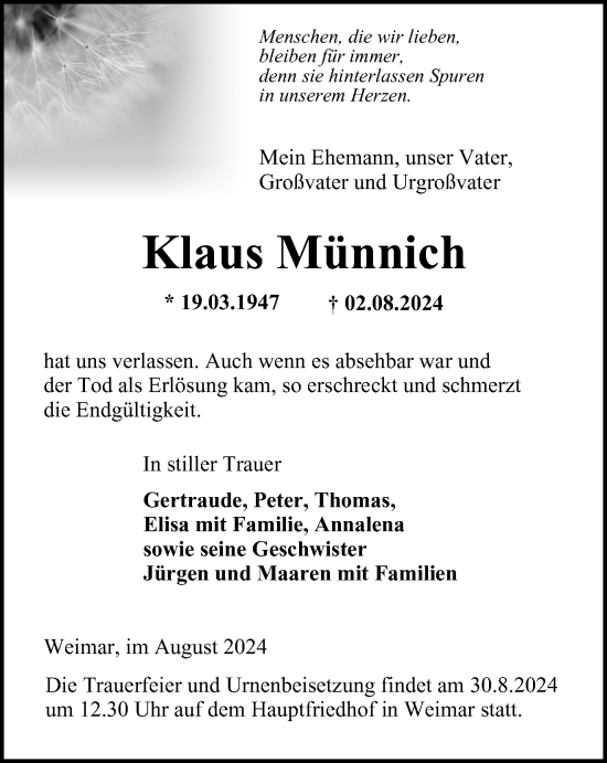 Traueranzeige von Klaus Münnich von Thüringer Allgemeine, Thüringische Landeszeitung