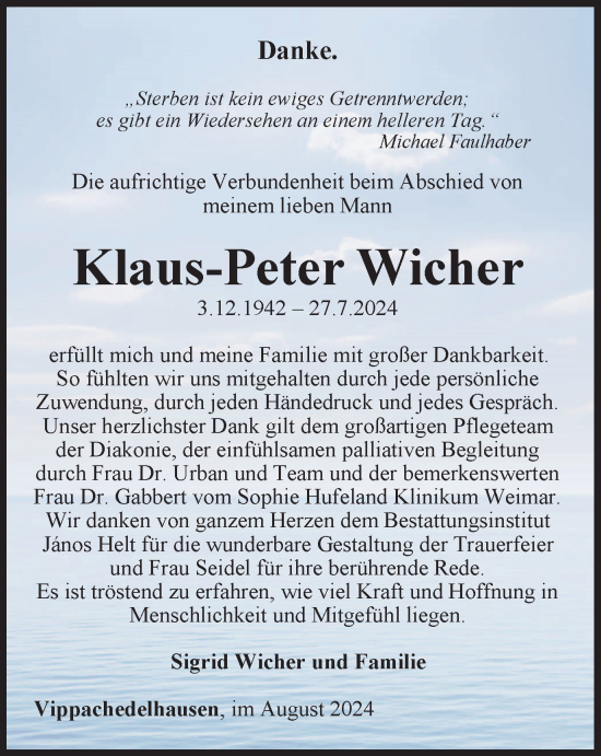 Traueranzeige von Klaus-Peter Wicher von Thüringer Allgemeine, Thüringische Landeszeitung