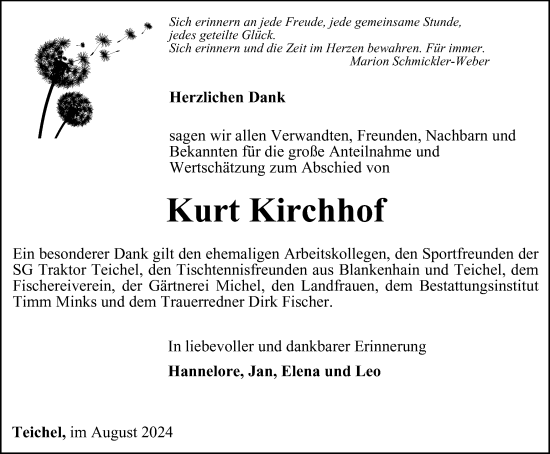 Traueranzeige von Kurt Kirchhof von Ostthüringer Zeitung