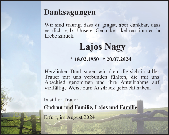 Traueranzeige von Lajos Nagy von Thüringer Allgemeine, Thüringische Landeszeitung