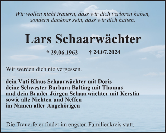 Traueranzeige von Lars Schaarwächter von Ostthüringer Zeitung