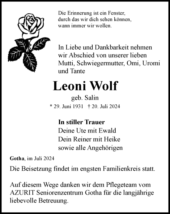 Traueranzeige von Leoni Wolf