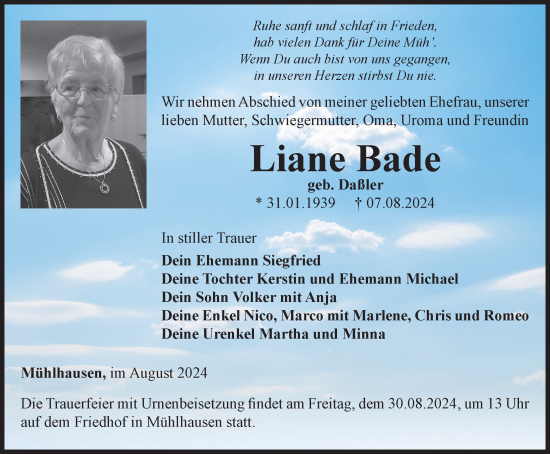 Traueranzeige von Liane Bade von Thüringer Allgemeine, Thüringische Landeszeitung