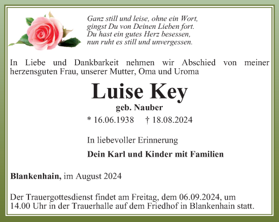 Traueranzeige von Luise Key von Thüringer Allgemeine, Thüringische Landeszeitung