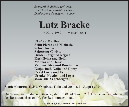 Traueranzeige von Lutz Bracke von Thüringer Allgemeine