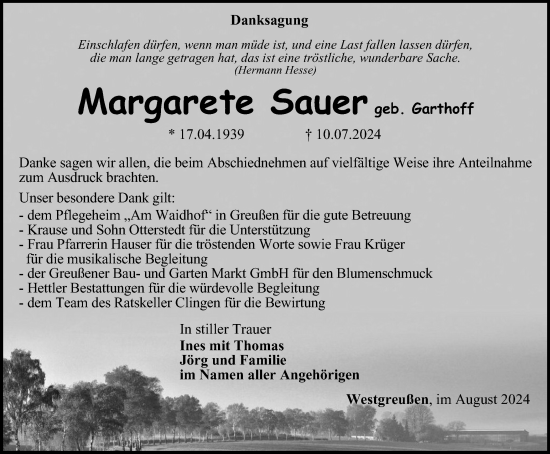 Traueranzeige von Margarete Sauer von Thüringer Allgemeine