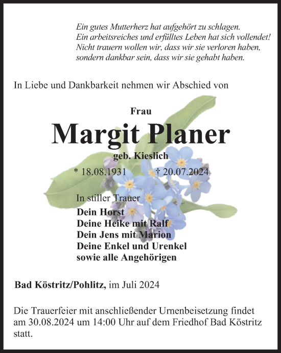 Traueranzeige von Margit Planer von Ostthüringer Zeitung