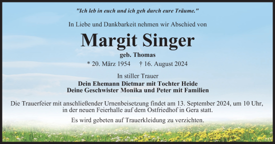 Traueranzeige von Margit Singer von Ostthüringer Zeitung