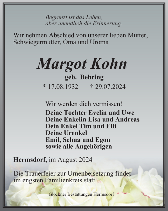 Traueranzeige von Margot Kohn von Ostthüringer Zeitung