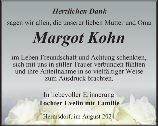 Traueranzeige von Margot Kohn von Ostthüringer Zeitung