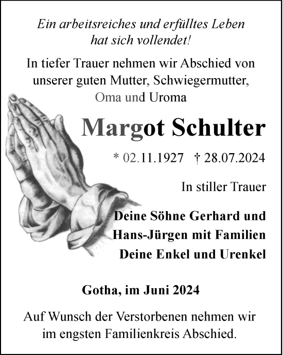 Traueranzeige von Margot Schulter von Thüringer Allgemeine, Thüringische Landeszeitung