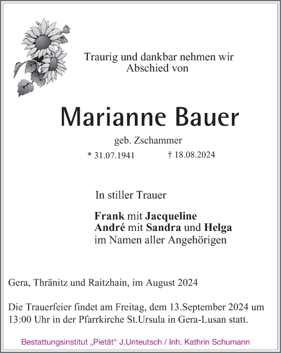 Traueranzeige von Marianne Bauer von Ostthüringer Zeitung