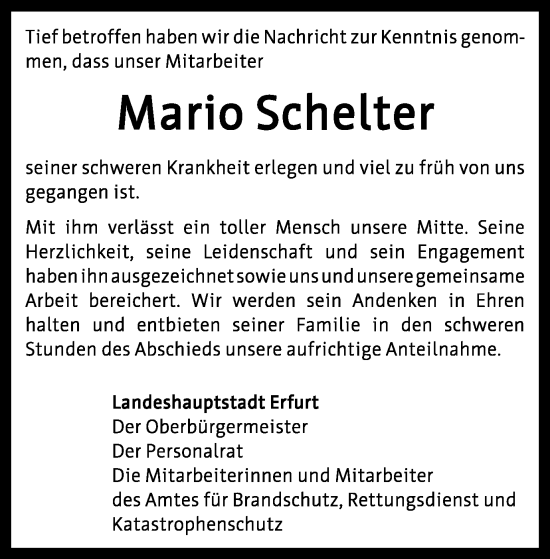 Traueranzeige von Mario Schelter von Thüringer Allgemeine, Thüringische Landeszeitung