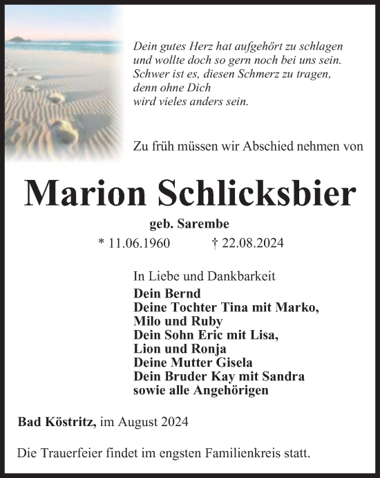 Traueranzeige von Marion Schlicksbier von Ostthüringer Zeitung