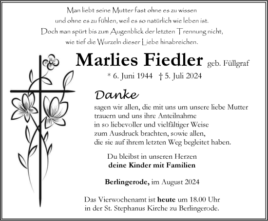 Traueranzeige von Marlies Fiedler von Thüringer Allgemeine