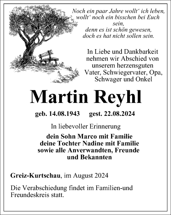 Traueranzeige von Martin Reyhl von Ostthüringer Zeitung