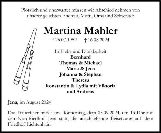 Traueranzeige von Martina Mahler von Ostthüringer Zeitung