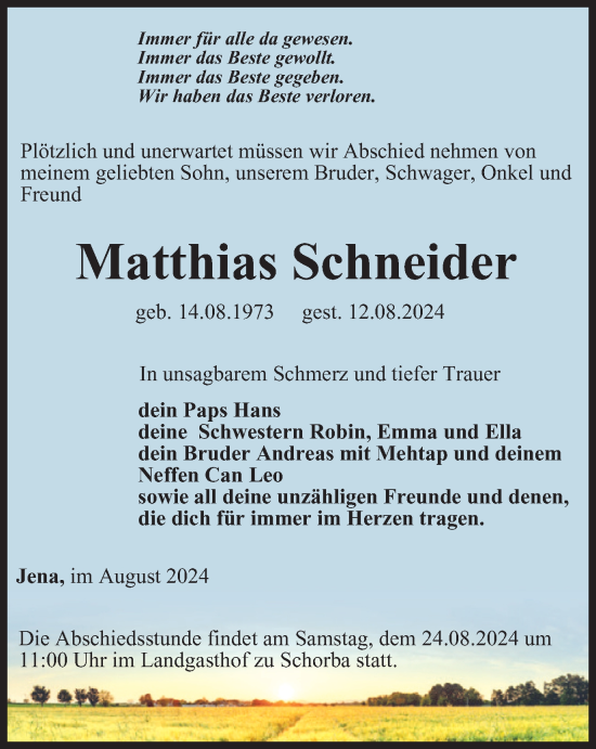 Traueranzeige von Matthias Schneider von Ostthüringer Zeitung, Thüringische Landeszeitung