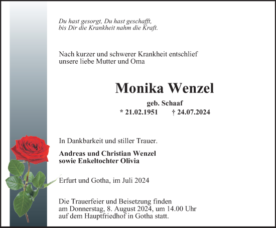 Traueranzeige von Monika Wenzel von Thüringer Allgemeine, Thüringische Landeszeitung