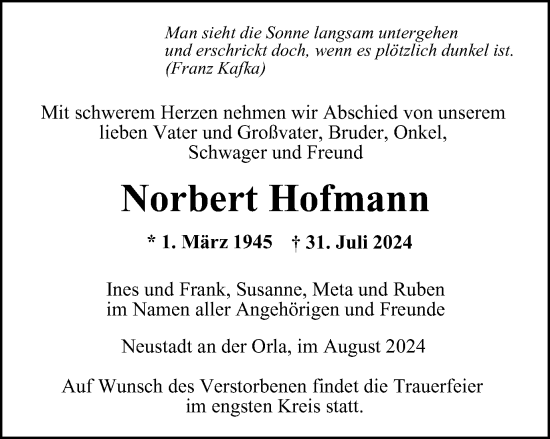 Traueranzeige von Norbert Hofmann von Ostthüringer Zeitung