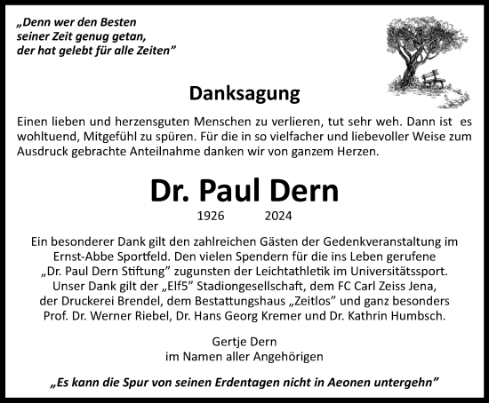 Traueranzeige von Paul Dern von Ostthüringer Zeitung, Thüringische Landeszeitung