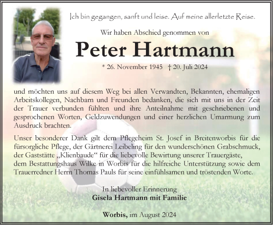 Traueranzeige von Peter Hartmann von Thüringer Allgemeine