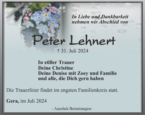 Traueranzeige von Peter Lehnert von Ostthüringer Zeitung