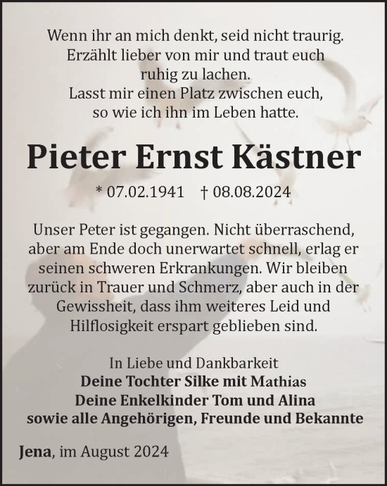 Traueranzeige von Pieter  Kästner von Ostthüringer Zeitung