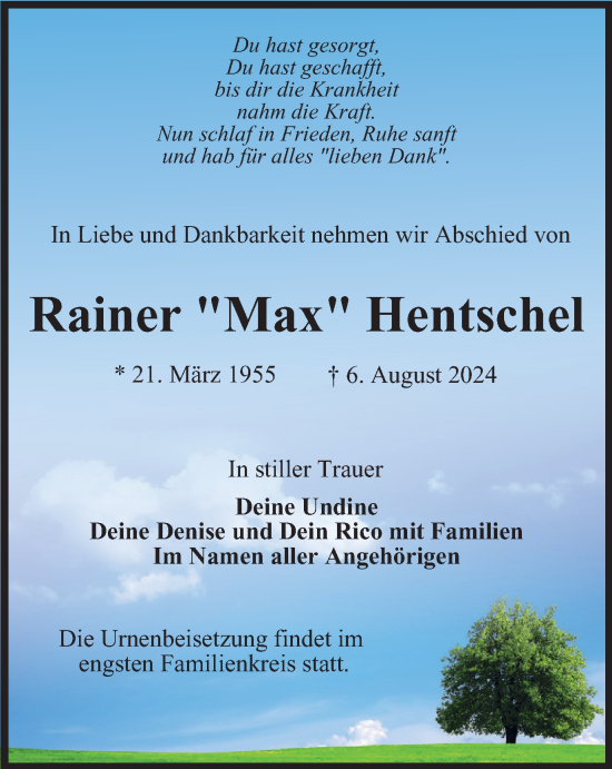 Traueranzeige von Rainer Hentschel von Ostthüringer Zeitung