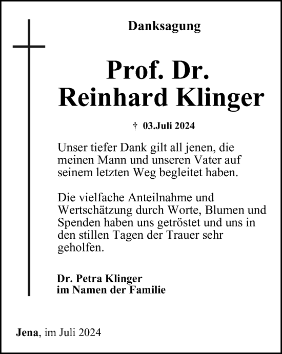 Traueranzeige von Reinhard Klinger von Ostthüringer Zeitung, Thüringische Landeszeitung