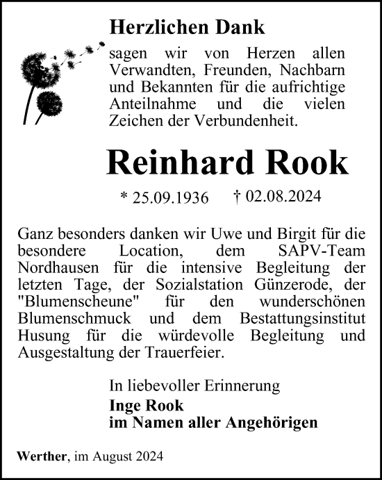 Traueranzeige von Reinhard Rook von Thüringer Allgemeine