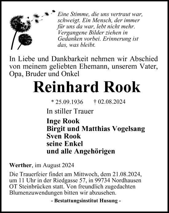 Traueranzeige von Reinhard Rook von Thüringer Allgemeine