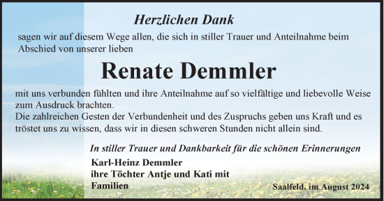 Traueranzeige von Renate Demmler von Ostthüringer Zeitung