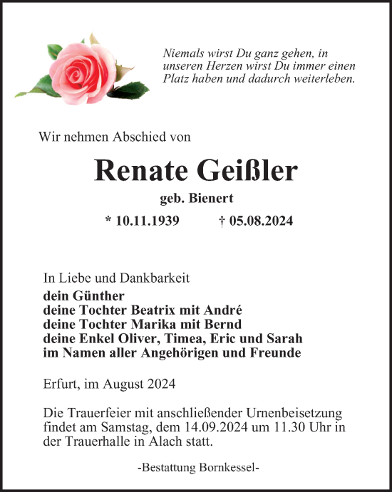 Traueranzeige von Renate Geißler