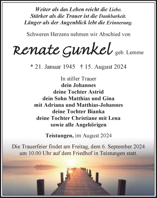 Traueranzeige von Renate Gunkel von Thüringer Allgemeine