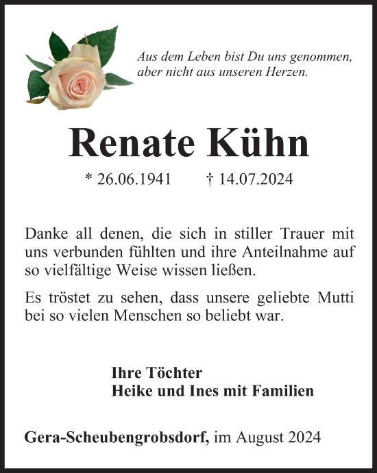 Traueranzeige von Renate Kühn von Ostthüringer Zeitung