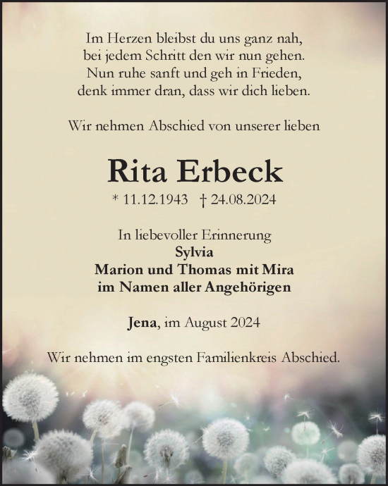 Traueranzeige von Rita Erbeck von Ostthüringer Zeitung, Thüringische Landeszeitung