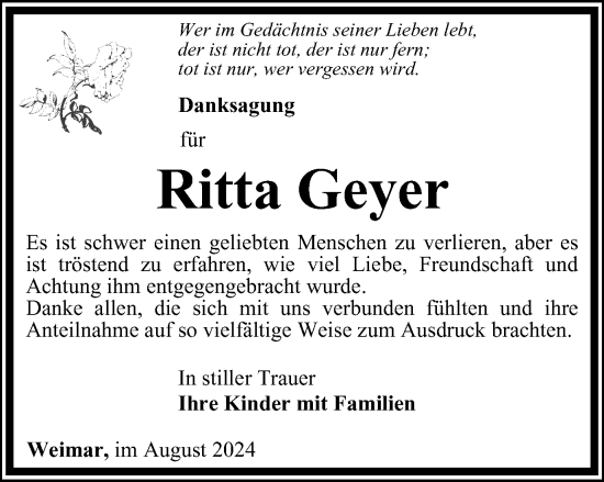 Traueranzeige von Ritta Geyer von Thüringer Allgemeine, Thüringische Landeszeitung