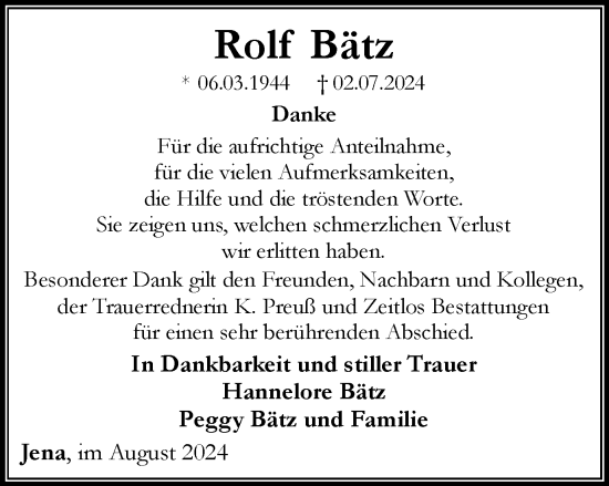 Traueranzeige von Rolf Bätz von Ostthüringer Zeitung, Thüringische Landeszeitung