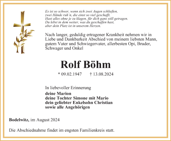 Traueranzeige von Rolf Böhm von Ostthüringer Zeitung