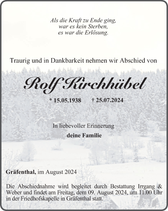 Traueranzeige von Rolf Kirchhübel von Ostthüringer Zeitung