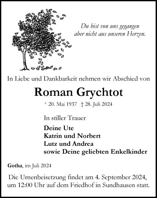 Traueranzeige von Roman Grychtot